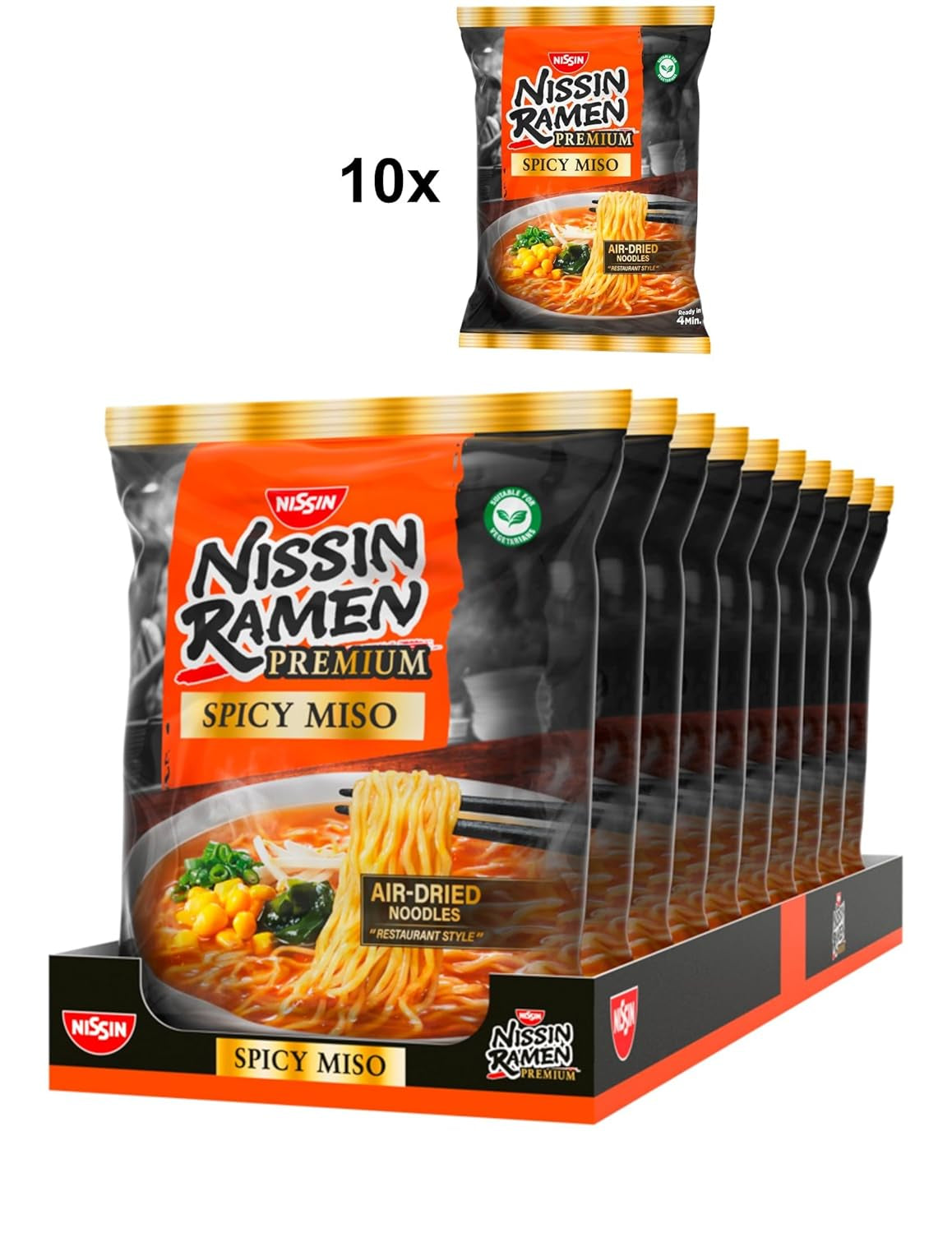 Nissin Ramen Premium - Miso Spicy Paquete de 10 fideos instantáneos secados al aire estilo japonés para ramen 'estilo restaurante' con un sabor ligeramente picante de miso y hojuelas de wakame (10 x 90,7 g)
