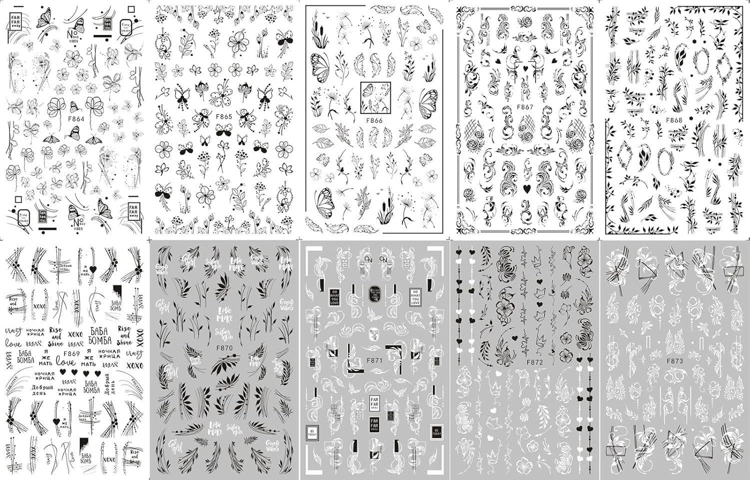 JMEOWIO Nagelsticker Blumen 10 Blatt Nagelaufkleber Selbstklebend Negro Blanco Flor Nail Art Sticker Decoración Nageldesign Zubehör