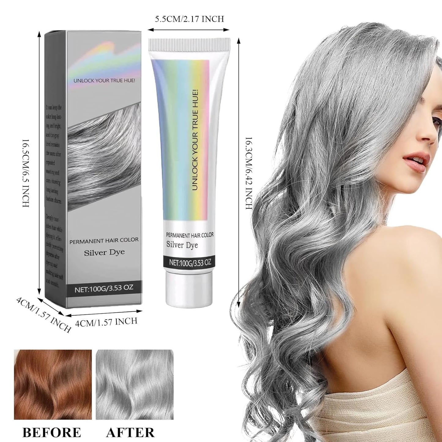 Tinte para el cabello Gris Plata Natural Gris Plata Tinte en Crema, Tinte para el Cabello Gris en Crema Gris Plata, Gris Plata Tinte para el Cabello Natural en Crema Tinte para todo tipo de cabello con 1 Masajeador del Cuero Cabelludo (100ml) Tinte para el cabello Naty Shop