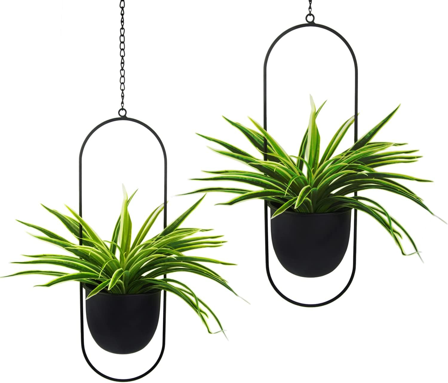 Macetas Colgantes de Metal 2 Piezas Colgador de Plantas geométrico Ovalado Negro con Macetas Jardinera Moderna de Pared y Techo Interior y Exterior 15,2 cm Macetas 2 Piezas