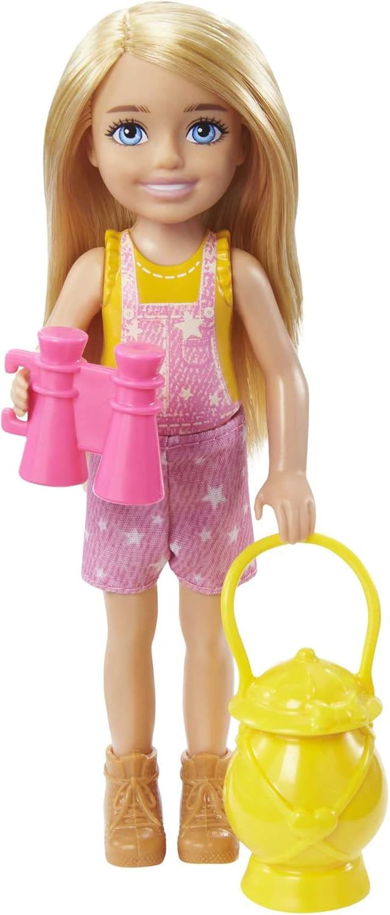 Barbie Chelsea Series, muñeca Chelsea para acampar con cabello rubio, búho mascota, saco de dormir, almohada, linterna, binoculares, accesorios para acampar, regalo para niños, juguete para niños de 3 años en adelante, HDF77