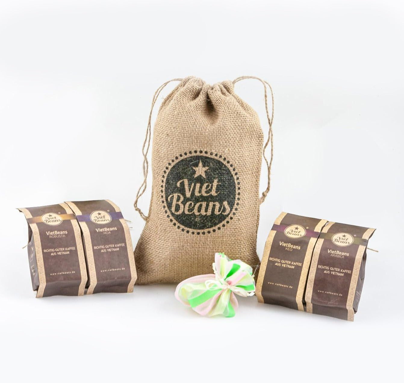 Kaffee Geschenk für Kaffeeliebhaber - Kaffeesack Yute - Vier Sorten exotischer Kaffee im Jutesack - Weihnachten Geschenkidee - Geschenk für Kaffeetrinker - Ganze Bohne