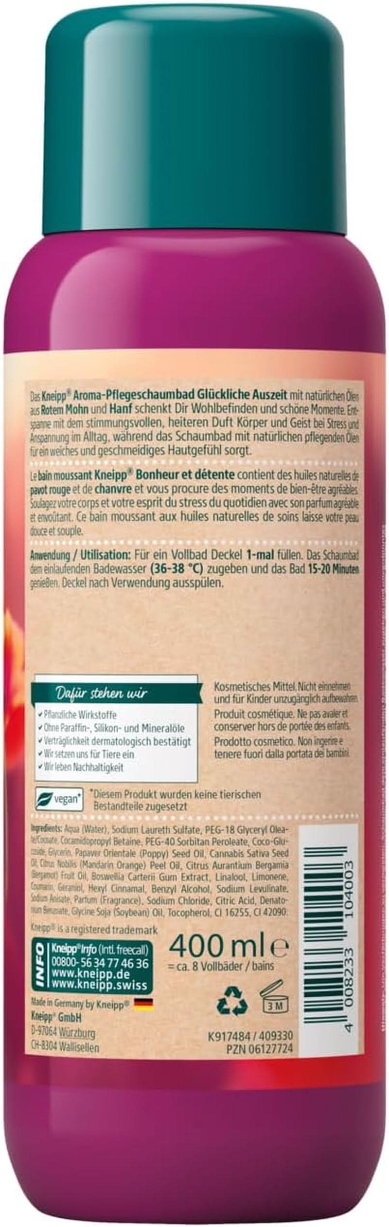 Kneipp Aroma, espuma para el cuidado del baño Happy Time Out - con aceites naturales de amapola roja y cáñamo, 400 ml Naty Shop