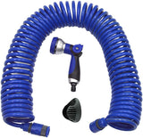 590078 – Juego de manguera en espiral, azul, 15 metros (diámetro 9 mm) + pistola multifuncional con 8 boquillas + rosca interior automática con adaptador ¾-½ + 2 conectores rápidos + soporte para colgar