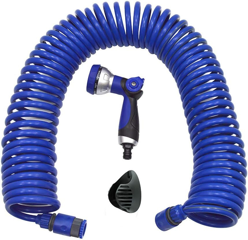 590078 – Juego de manguera en espiral, azul, 15 metros (diámetro 9 mm) + pistola multifuncional con 8 boquillas + rosca interior automática con adaptador ¾-½ + 2 conectores rápidos + soporte para colgar
