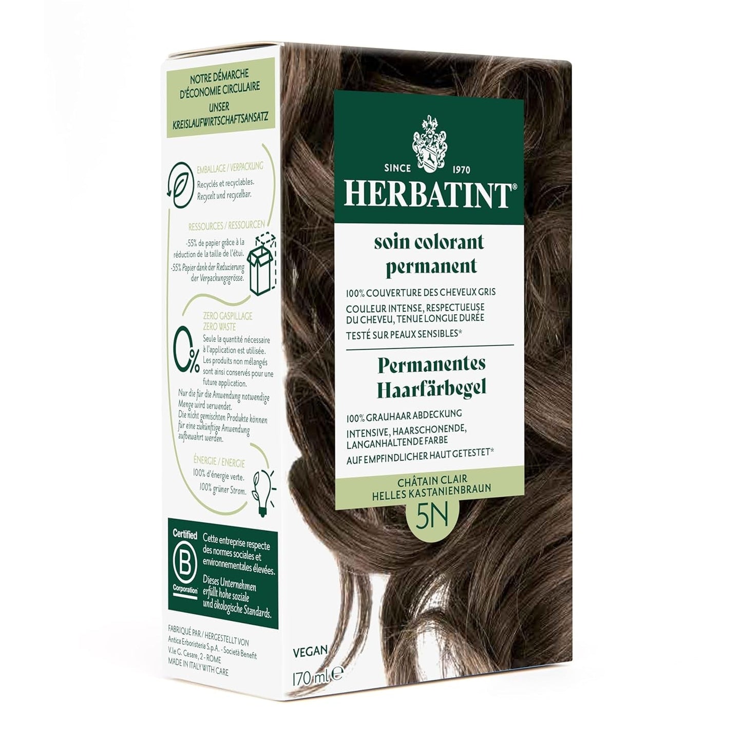 Tinte permanente en gel 6N Rubio oscuro - 170 ml I Sin amonia, 100% cobertura de las canas I Testado en pieles sensibles, con 8 extractos de plantas Tinte Naty Shop 5N Castaño claro