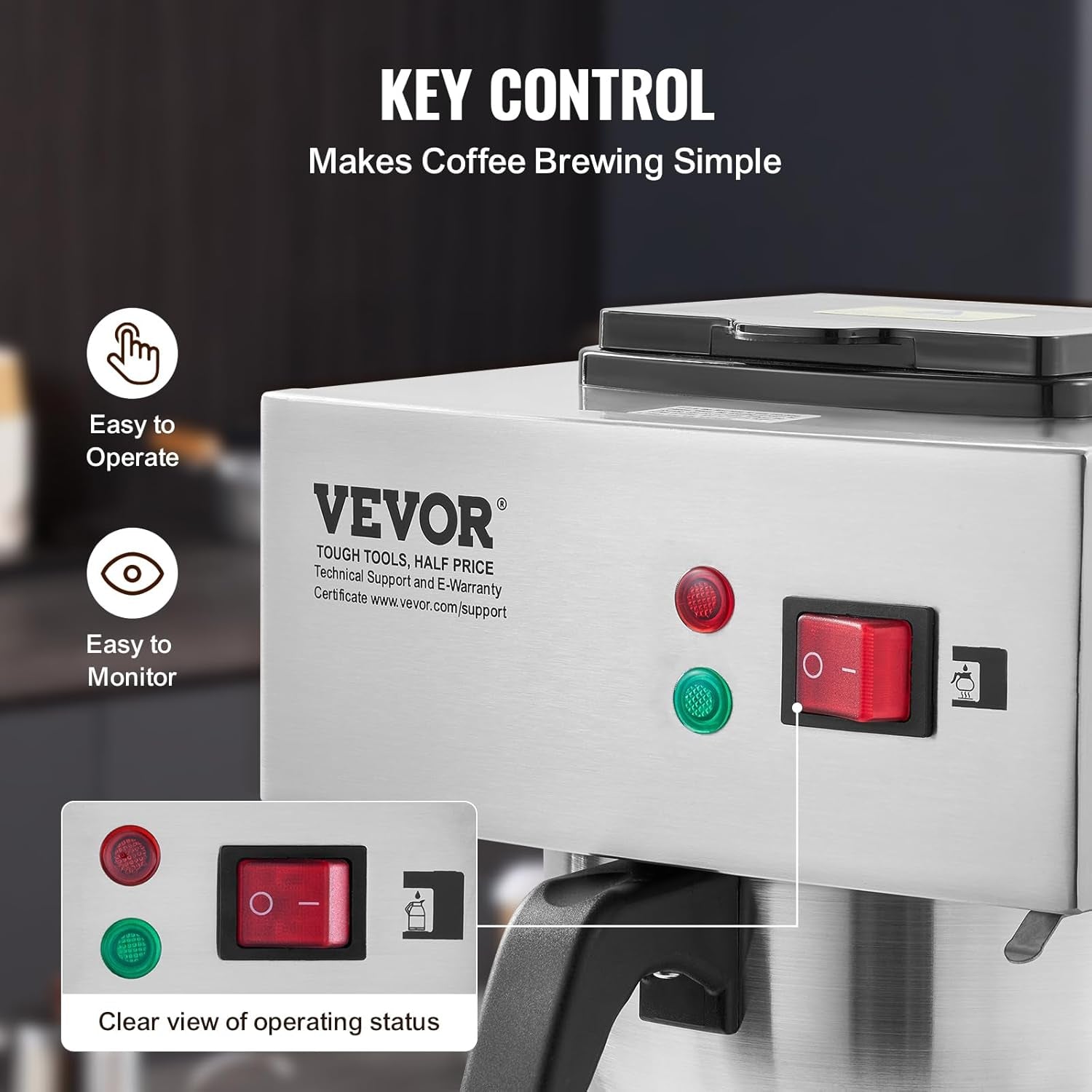 VEVOR Cafetera espresso comercial con filtro de 12 tazas con 3 garrafas de vidrio y 3 placas calefactoras Máquina de espresso de acero inoxidable con suministro automático de agua para restaurante, oficina, cafetería
