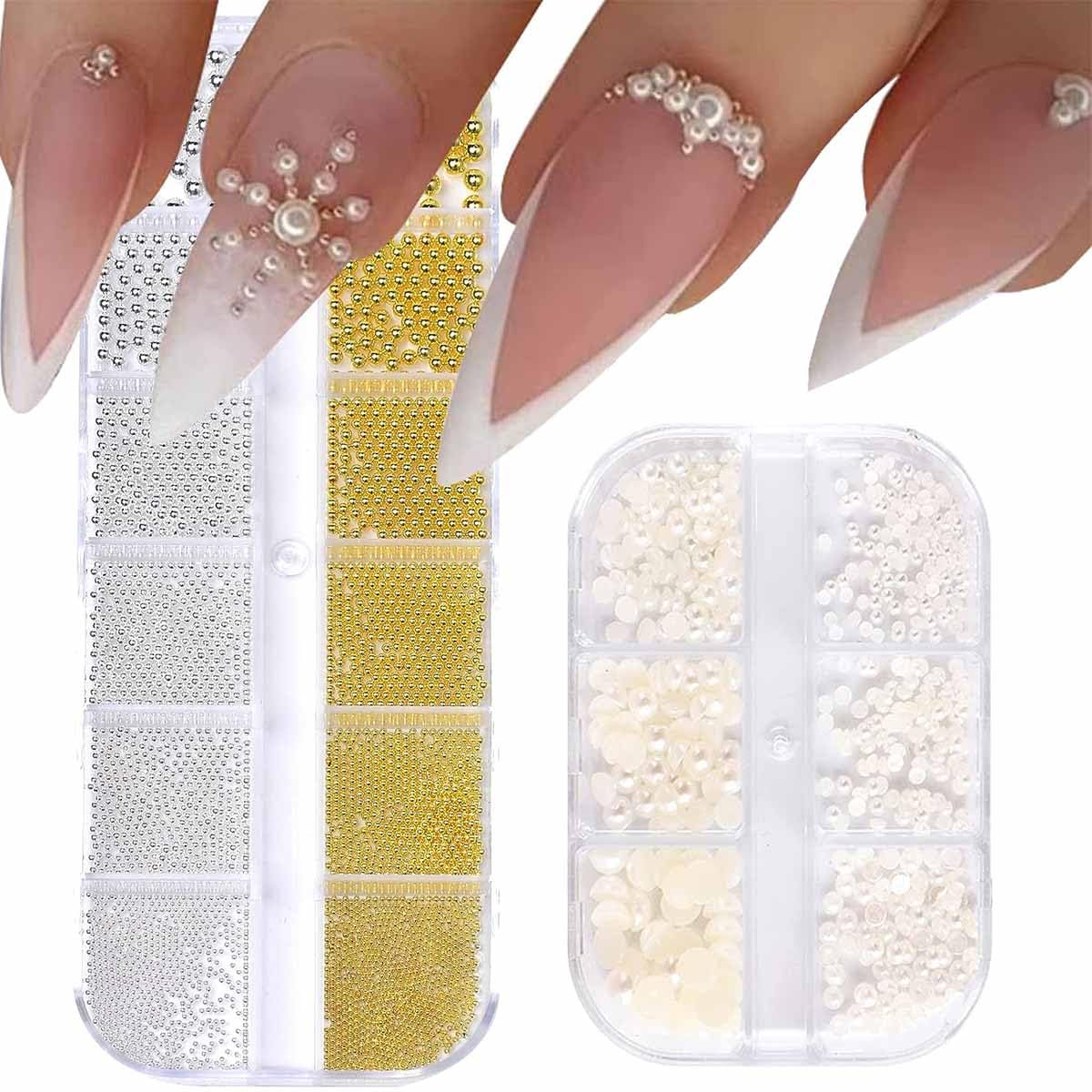 GZMAYUEN Nail Art Perlen Micro Caviar para uñas, 0,3-3 mm Goldene Silber Mini Caviar Strasssteine, Weiß Beige Mini Nägel Perlen Mikroperlen Dekor para uñas