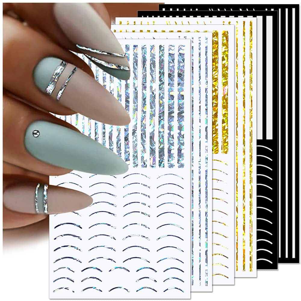 12 hojas de pegatinas autoadhesivas para uñas con líneas de brillo láser, pegatinas holográficas, pegatinas para uñas con rayas de bronce, líneas francesas, lazos curvos, líneas onduladas, pegatinas para uñas, accesorios para decoración de uñas