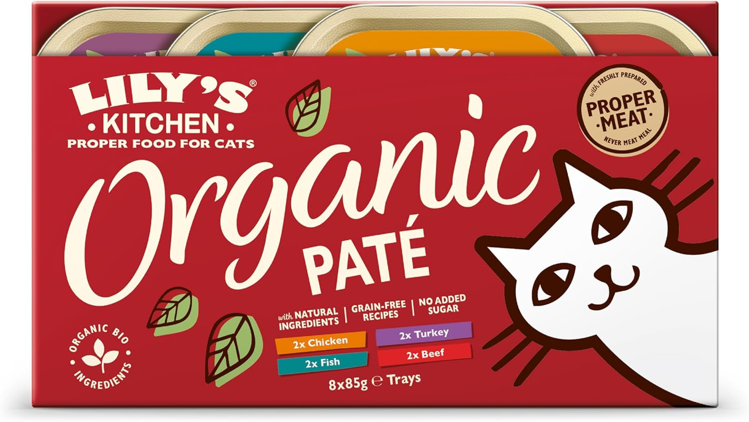 Lily's Kitchen Alimento húmedo para gatos adultos con ingredientes naturales, paquete de bandejas múltiples, orgánico, sin cereales, 4 x (8 x 85 g)
