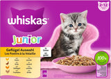 WHISKAS Junior Bolsitas de comida húmeda, paquete múltiple, selección de carne de ave en gelatina, 12 x 85 g