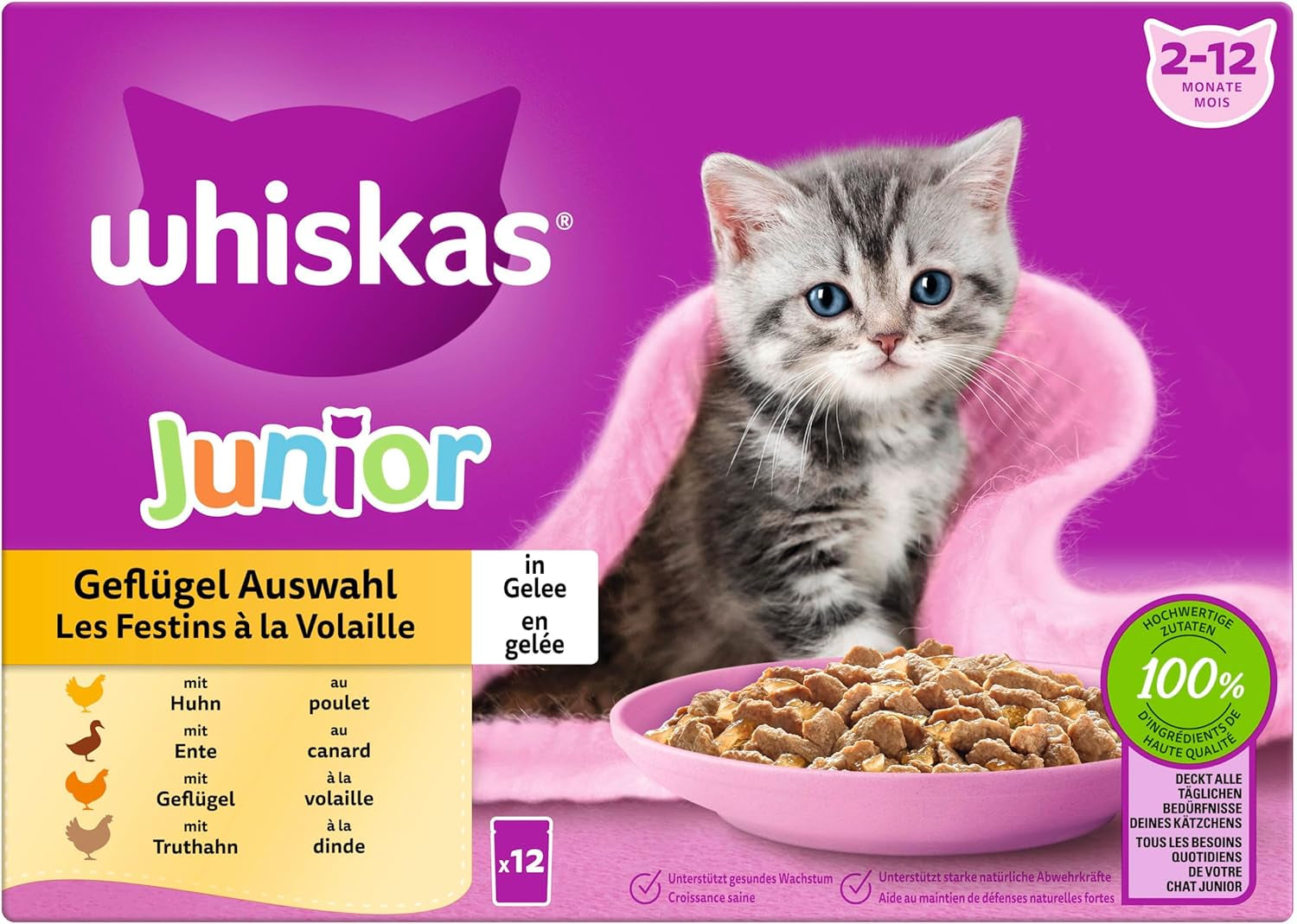 WHISKAS Junior Bolsitas de comida húmeda, paquete múltiple, selección de carne de ave en gelatina, 12 x 85 g