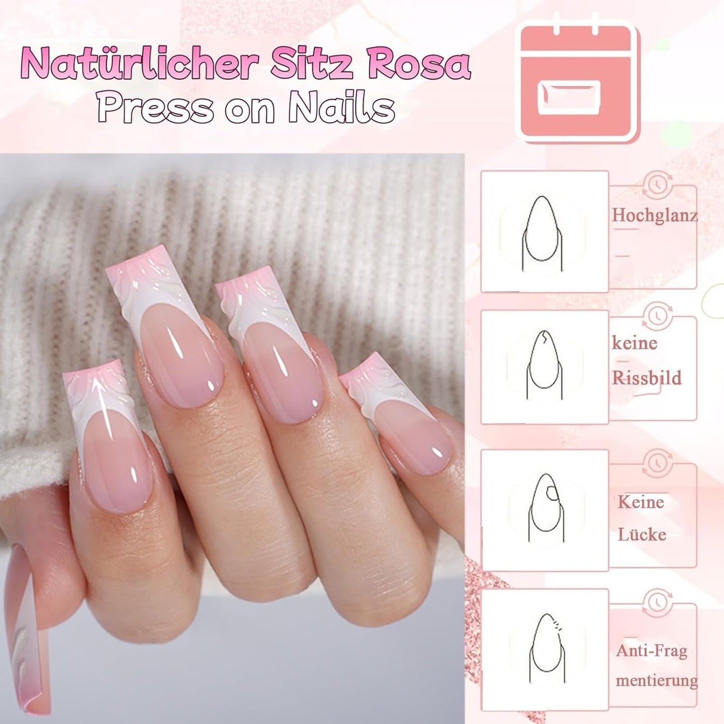 30 uñas postizas francesas – Pegamento en uñas artificiales – Uñas de gel suave para mujer – Uñas adhesivas acrílicas manicura cuadrada (rosa francés)