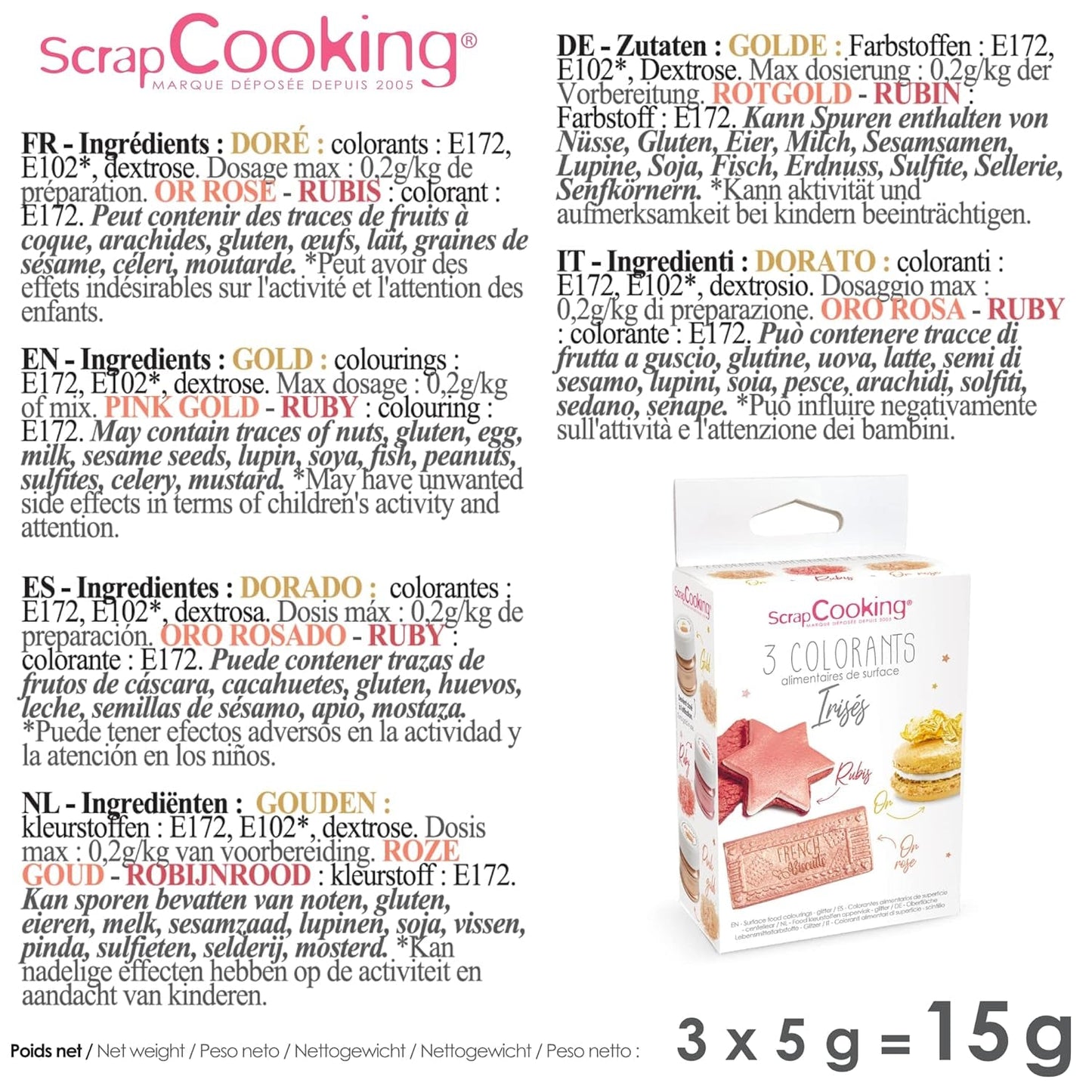 Scrapcooking - Juego de 3 colorantes alimentarios metálicos - Colorante alimentario: oro, oro rosa y rubí - Colorante alimentario comestible para hornear, pasteles, galletas, tartas, chocolate - 4019