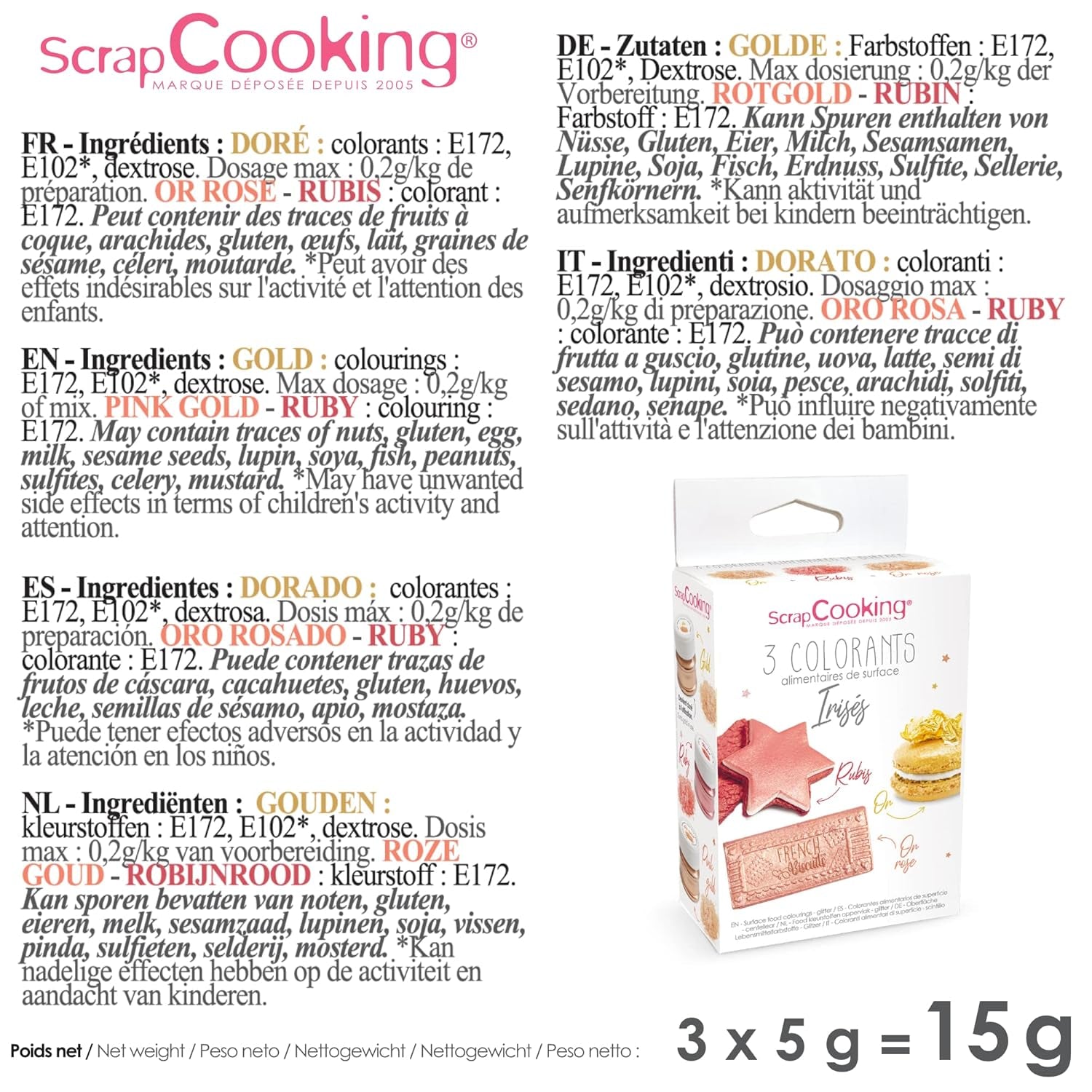 Scrapcooking - Juego de 3 colorantes alimentarios metálicos - Colorante alimentario: oro, oro rosa y rubí - Colorante alimentario comestible para hornear, pasteles, galletas, tartas, chocolate - 4019