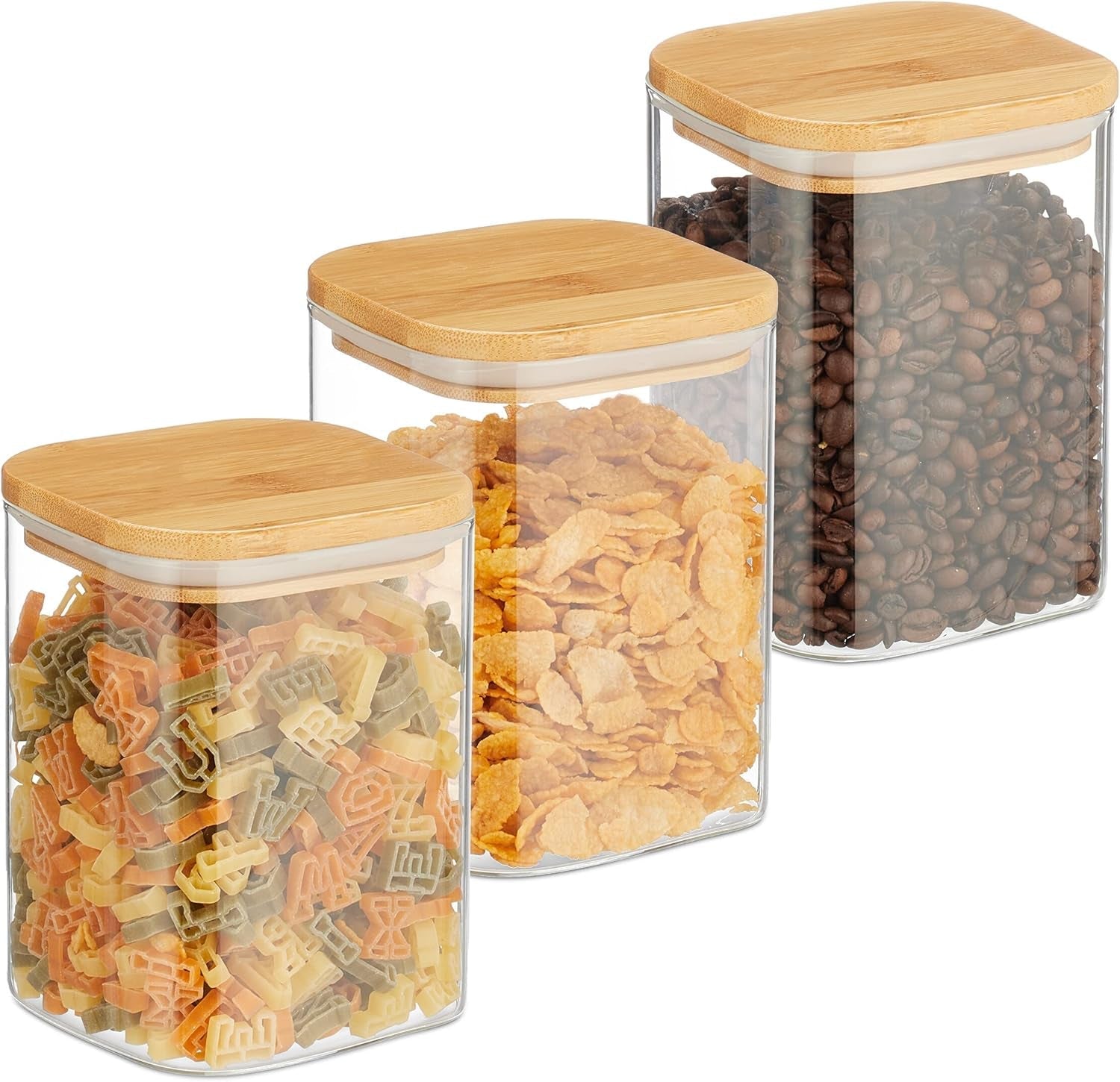 Relaxdays Tarros de Almacenamiento con Tapa de Bambú Juego de 3 Tarros de Vidrio Cuadrados 900 ml Cajas de Almacenamiento de Alimentos Transparentes/Naturales a Prueba de Fugas Naty Shop Default Title