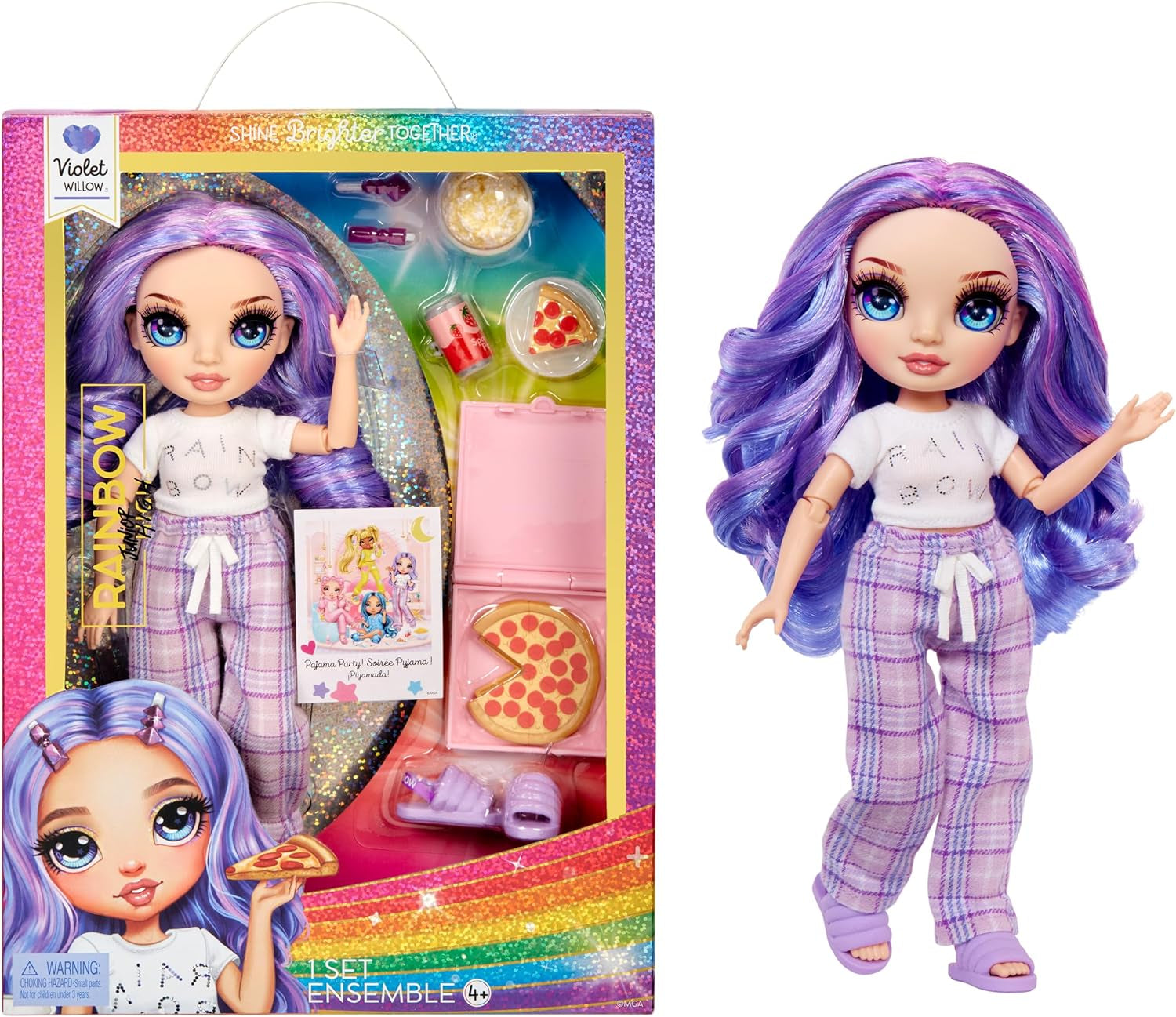 Muñeca Rainbow High Junior High PJ Party - Violeta - 22 cm con mono mullido, zapatillas y accesorios de juego - Juguete para niños - Ideal para 4-12 años