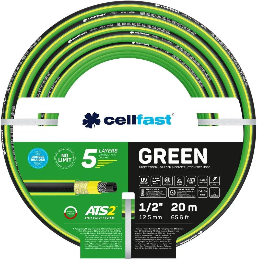 Manguera de jardín Cellfast GREEN ATS2, duradera, flexible, 5 capas, trenza cruzada ATS2, resistente a los rayos UV y a las algas, libre de metales pesados, 30 bar, -20/+60°C a corto plazo, 3/4", 20m