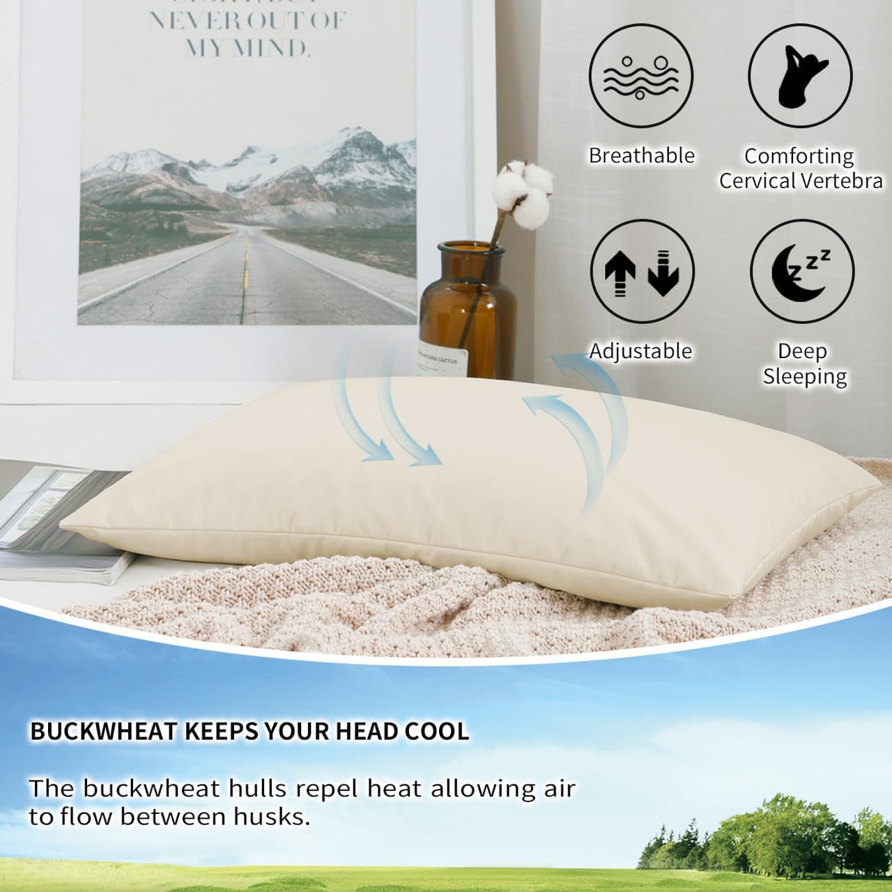 LOFE Almohada para dormir de trigo sarraceno orgánico, 14.0 x 20.0 in, ajustable, transpirable, soporte cervical para dormir fresco para personas que duermen boca arriba y de lado (cascos de trigo sarraceno tartario) Naty Shop Standard Pillows