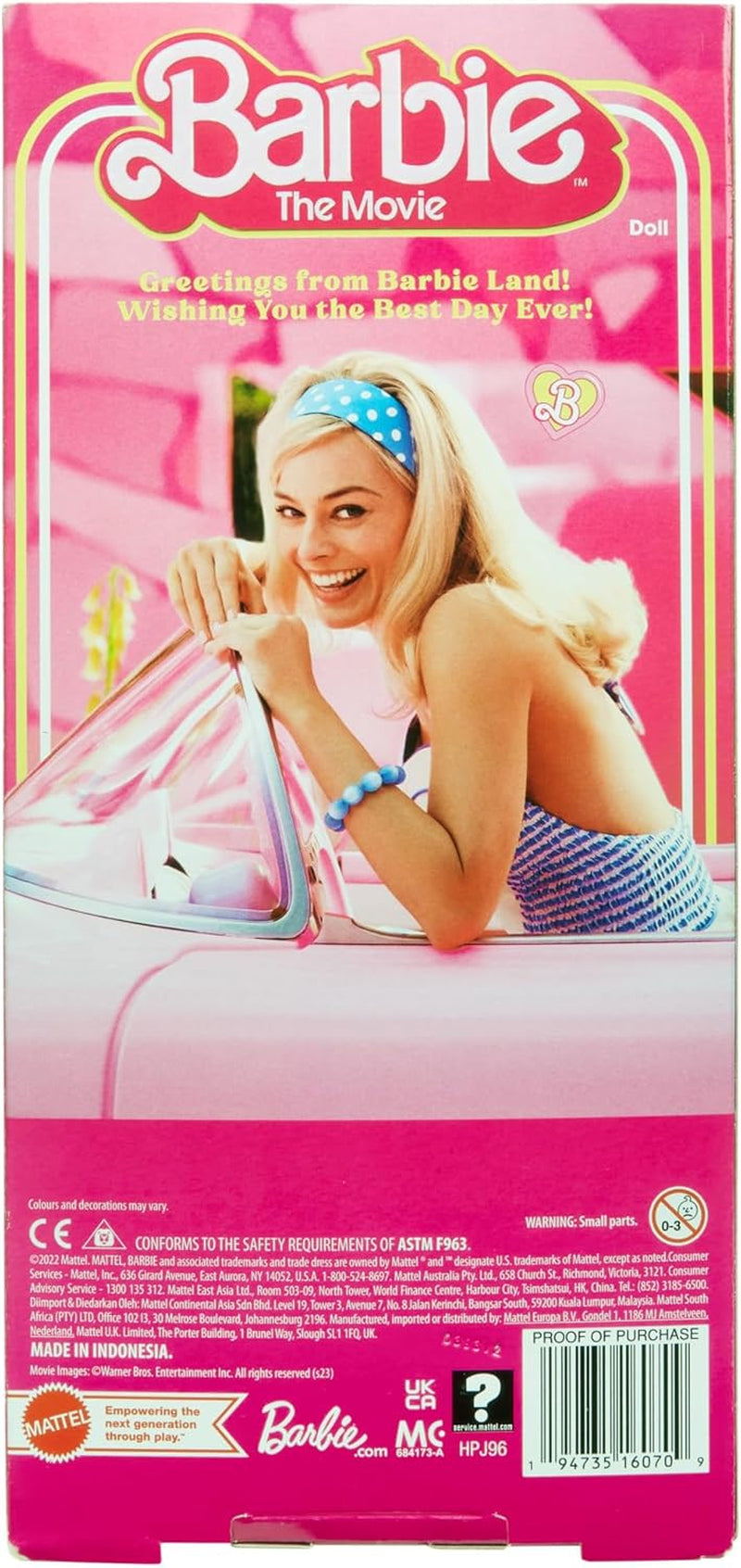 Muñeca Barbie La Película Muñeca con Vestido Rosa y Blanco y Collar de Margaritas Margot Robbie Juguete Coleccionable para 3 Años HPJ96