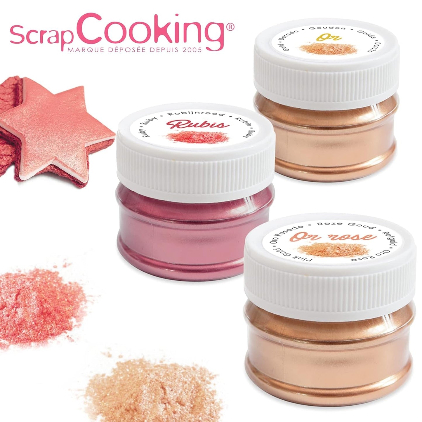 Scrapcooking - Juego de 3 colorantes alimentarios metálicos - Colorante alimentario: oro, oro rosa y rubí - Colorante alimentario comestible para hornear, pasteles, galletas, tartas, chocolate - 4019