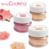 Scrapcooking - Juego de 3 colorantes alimentarios metálicos - Colorante alimentario: oro, oro rosa y rubí - Colorante alimentario comestible para hornear, pasteles, galletas, tartas, chocolate - 4019