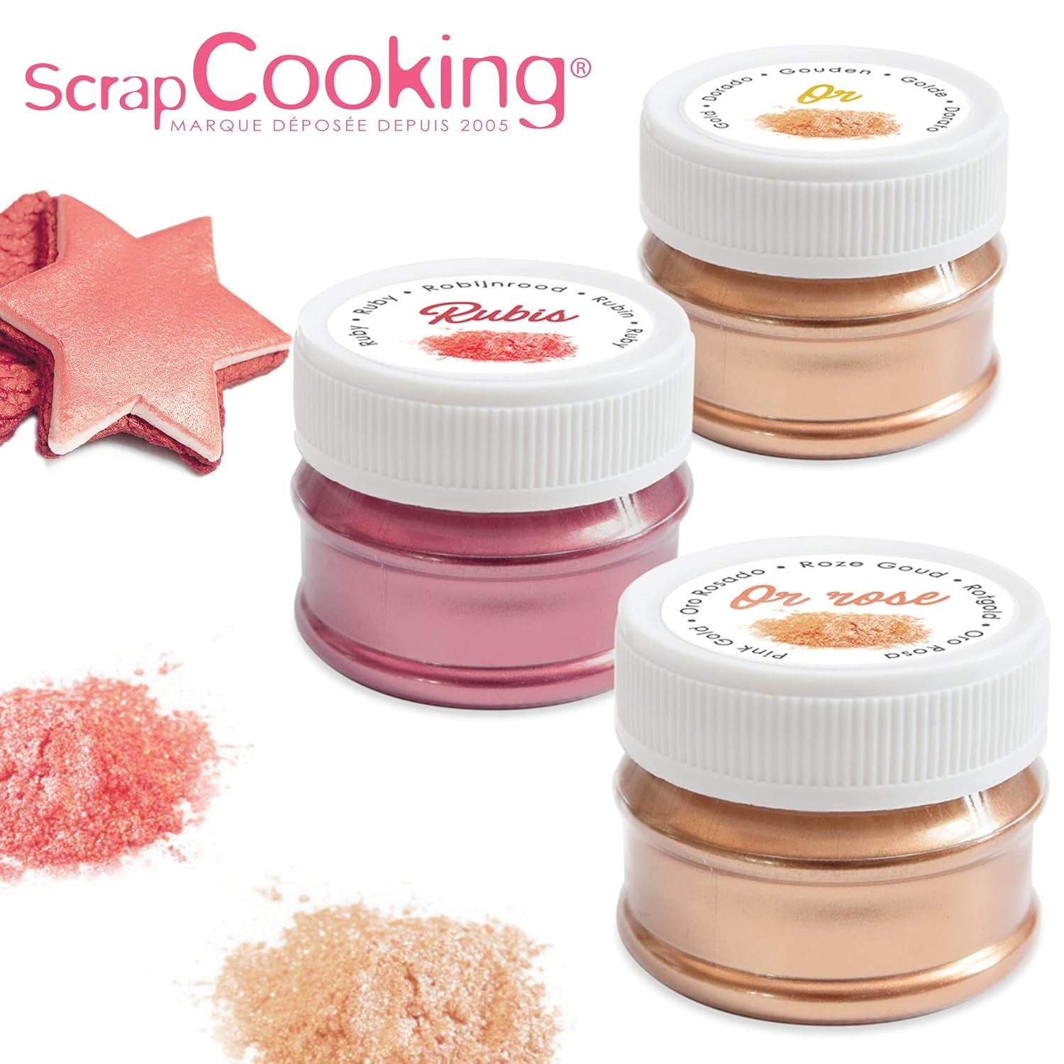Scrapcooking - Juego de 3 colorantes alimentarios metálicos - Colorante alimentario: oro, oro rosa y rubí - Colorante alimentario comestible para hornear, pasteles, galletas, tartas, chocolate - 4019