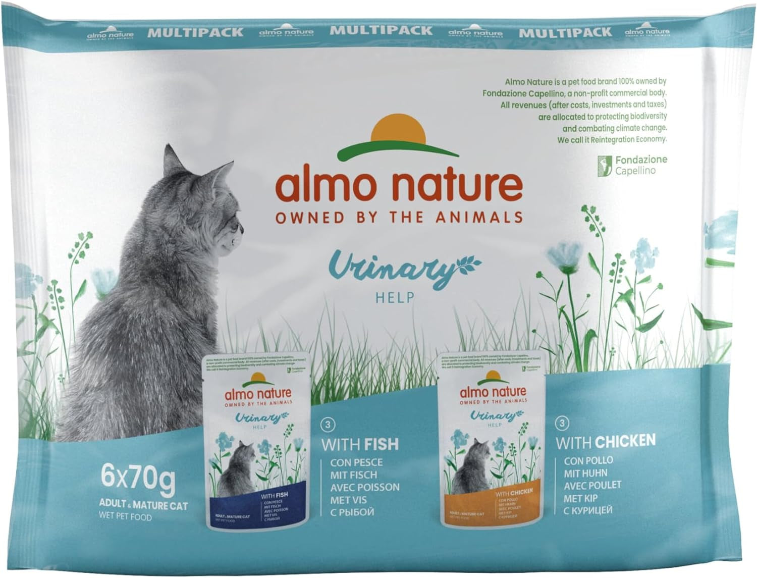 Almo Nature Functional Urinary Help - Comida húmeda para gatos adultos con sabor a pescado y pollo - Favorece la salud del tracto urinario - 6 sobres de 70 g cada uno
