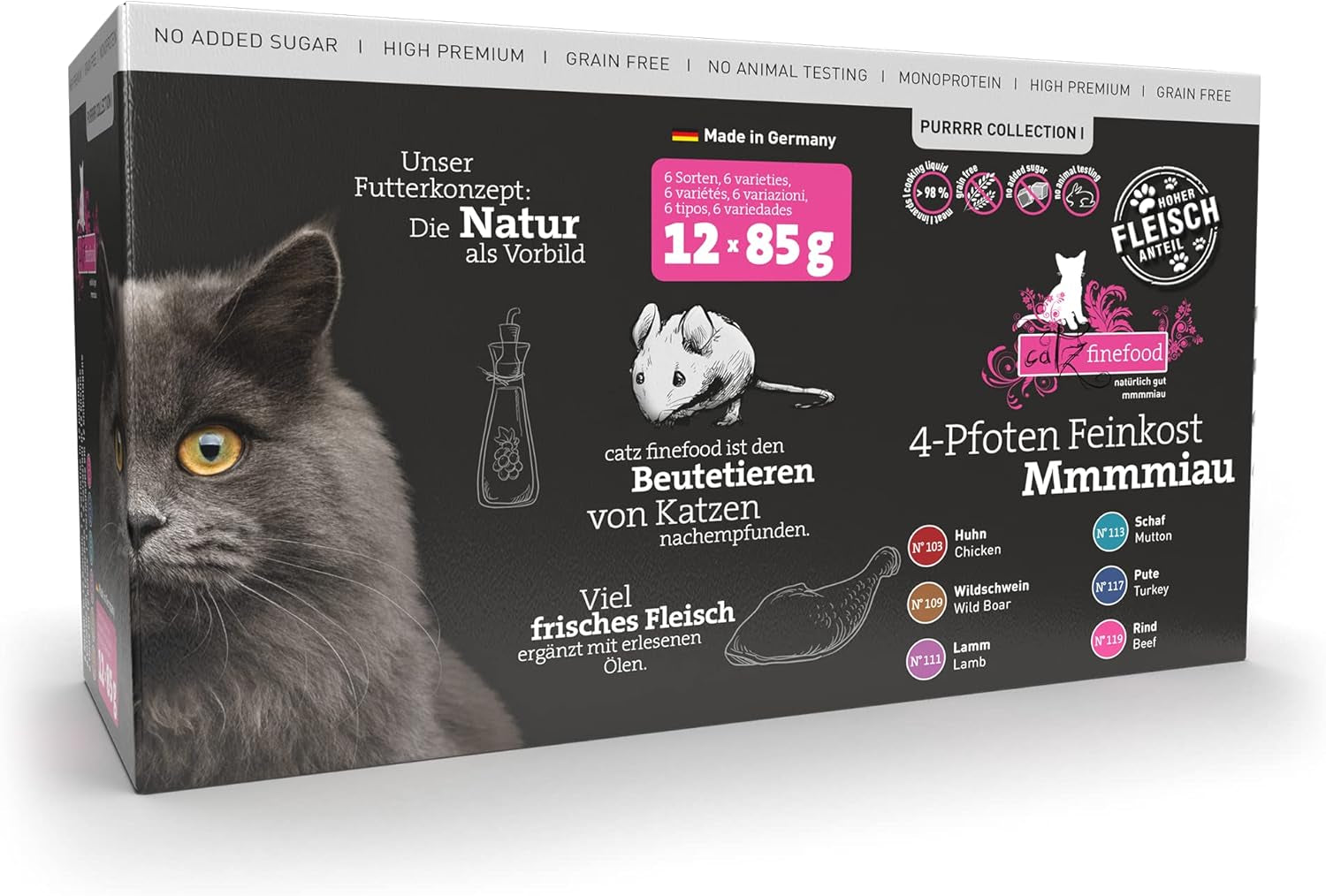 Catz Finefood Purrrr Collection I - Alimento húmedo monoproteico para gatos - Sin cereales, sin azúcar, hipoalergénico - Alto contenido en carne - Paquete múltiple de alimento húmedo para gatos - En sobres, 85 g (12 paquetes)