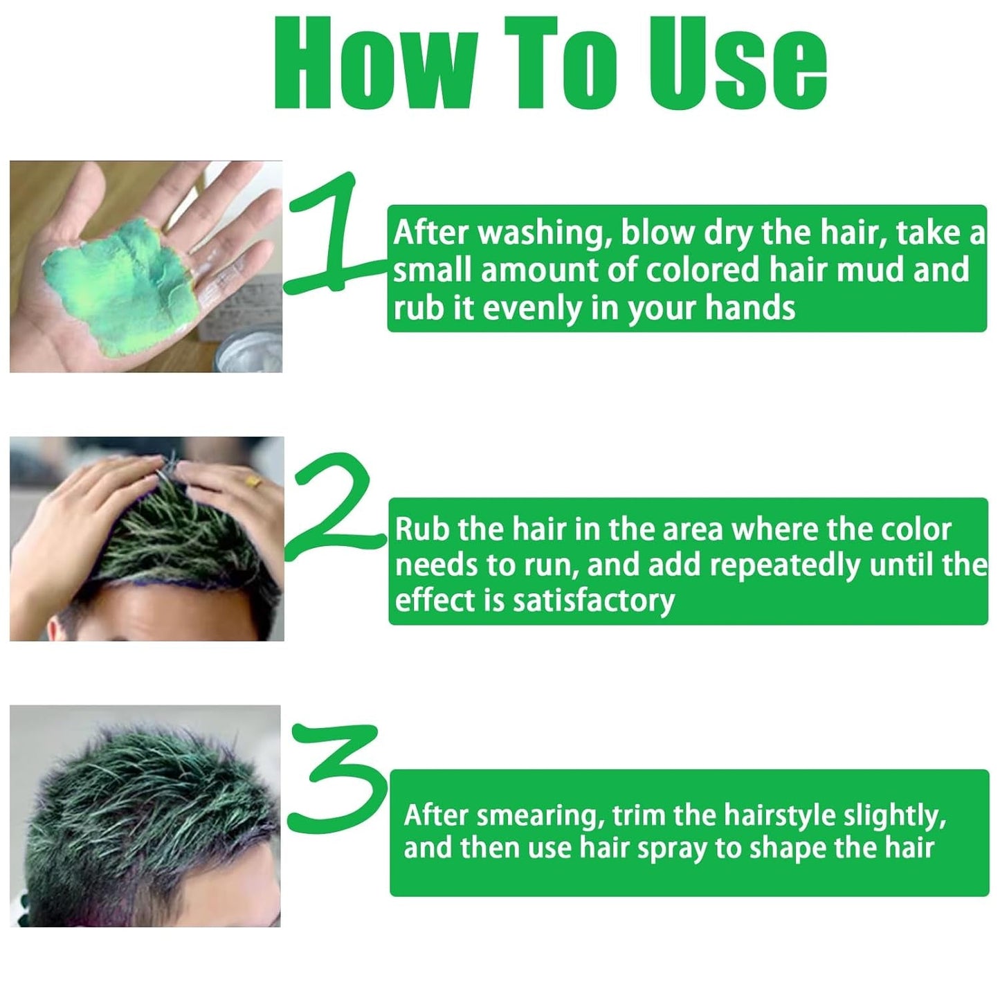 Cera para el cabello temporal verde, spray para el cabello temporal Crazy Green, barro semipermanente lavable, color de cabello de una sola vez, barro de pasta para el cabello de peinado instantáneo, color de cabello natural para fiestas, actividades y tinte para el cabello de Halloween Naty Shop