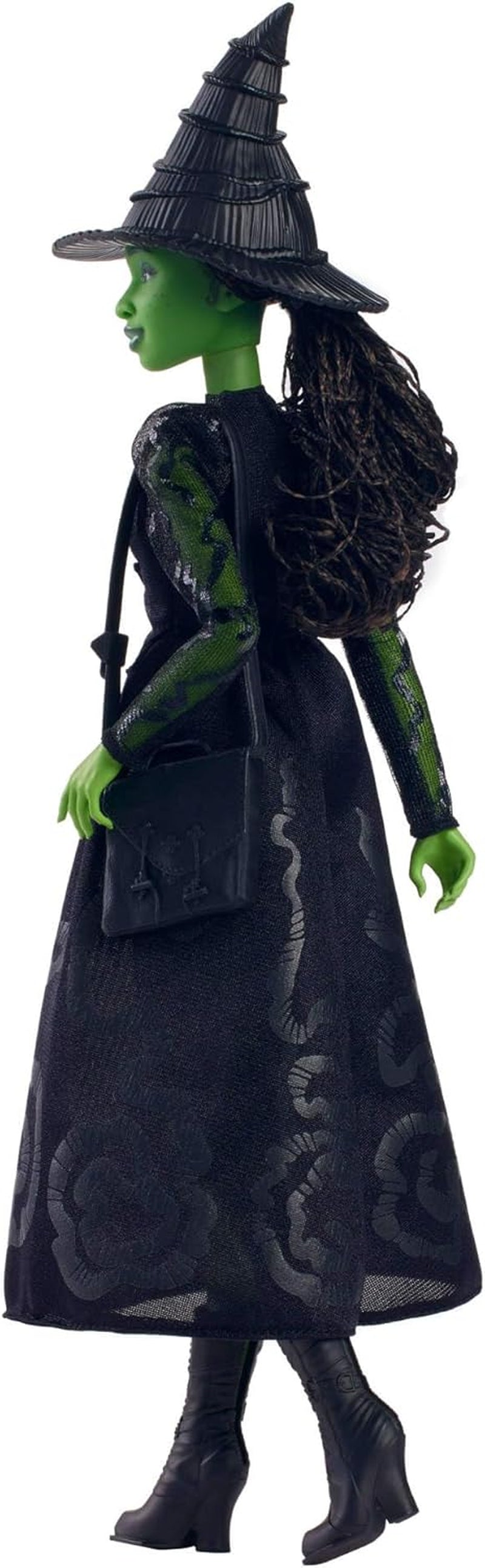 Muñeca de moda Mattel Wicked Elphaba y accesorios con piel verde, cabello trenzado negro, varias poses posibles y apariencia de vestido de fiesta desmontable, HXT62, [Multicolor]