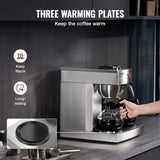 VEVOR Cafetera espresso comercial con filtro de 12 tazas con 3 garrafas de vidrio y 3 placas calefactoras Máquina de espresso de acero inoxidable con suministro automático de agua para restaurante, oficina, cafetería