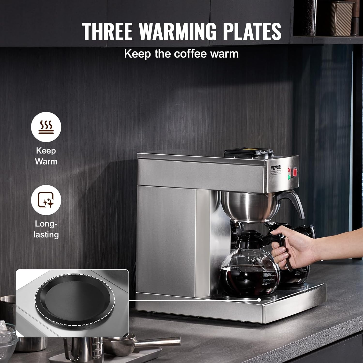 VEVOR Cafetera espresso comercial con filtro de 12 tazas con 3 garrafas de vidrio y 3 placas calefactoras Máquina de espresso de acero inoxidable con suministro automático de agua para restaurante, oficina, cafetería