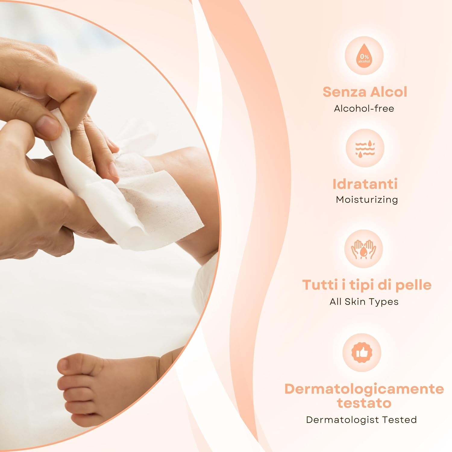 Toallitas para bebés con talco para pieles sensibles, sin alcohol, respetuosas con la piel, pH 5,5, ligeramente perfumadas, 1200 unidades (paquete de 12)