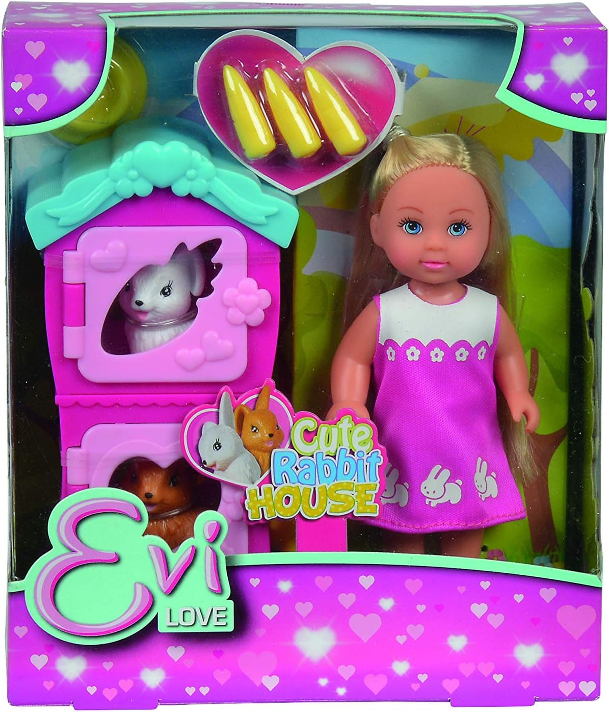 Simba 105733041 - Evi Love Puppy Love con TRES Cachorros, con Casa para Perro y Accesorios, Muñeca de Moda, 12 cm, para Niños a Partir de 3 Años