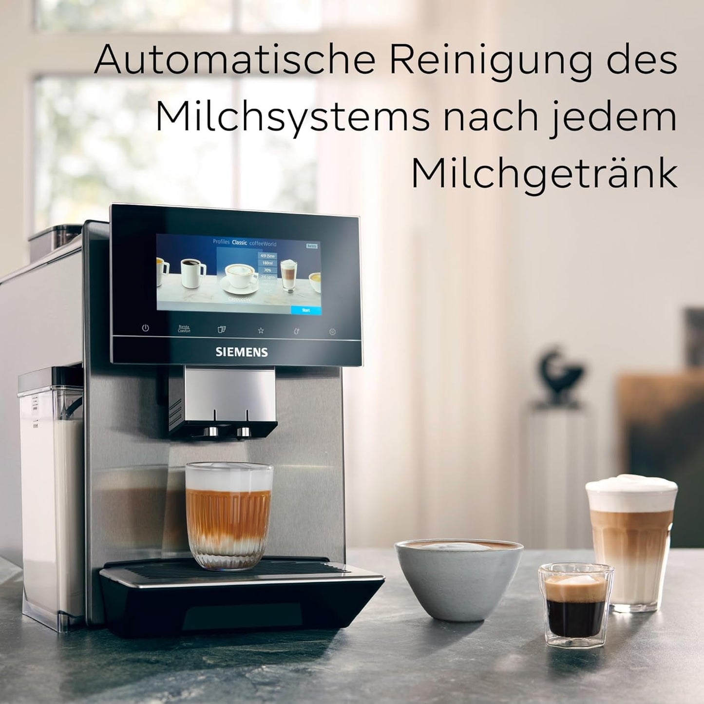 Cafetera espresso automática Siemens EQ900, pantalla grande TFT a color, 2 recipientes de granos, 36 bebidas frías y calientes, café frío, súper silenciosa, función dos tazas, control mediante aplicación, acero inoxidable, TQ907D03