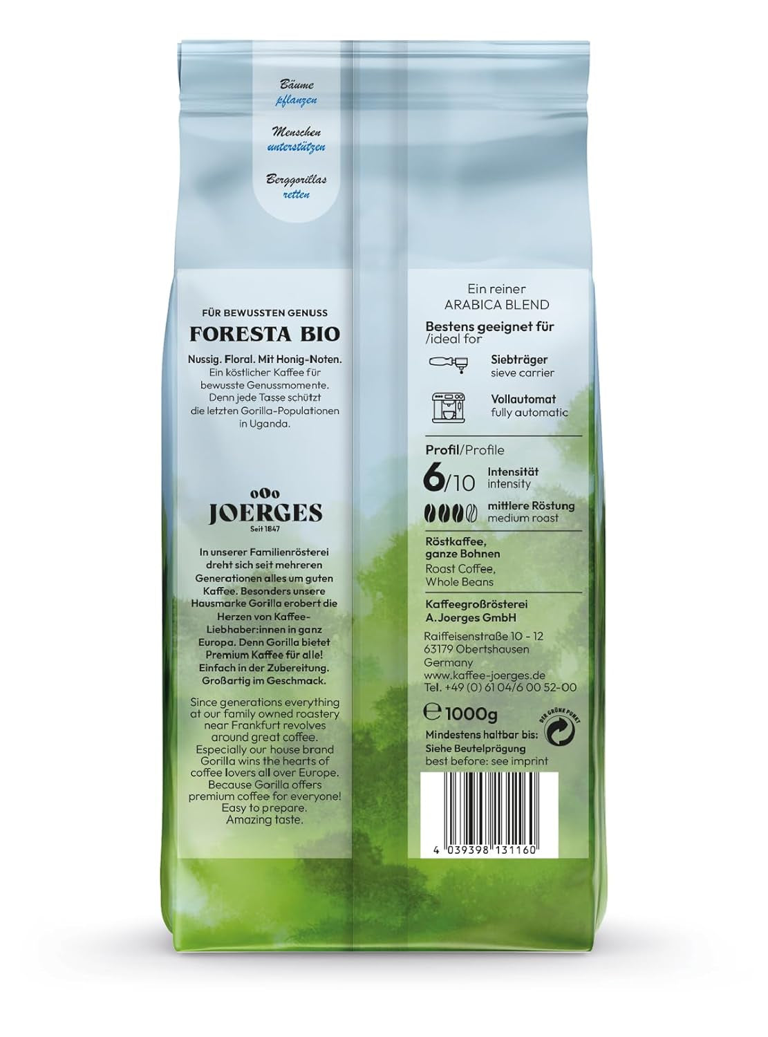 Café Joerges Foresta 1000g en grano entero tostado | Mezcla de Arábica de calidad | Para cafeteras portafiltro y totalmente automáticas | Café exprés