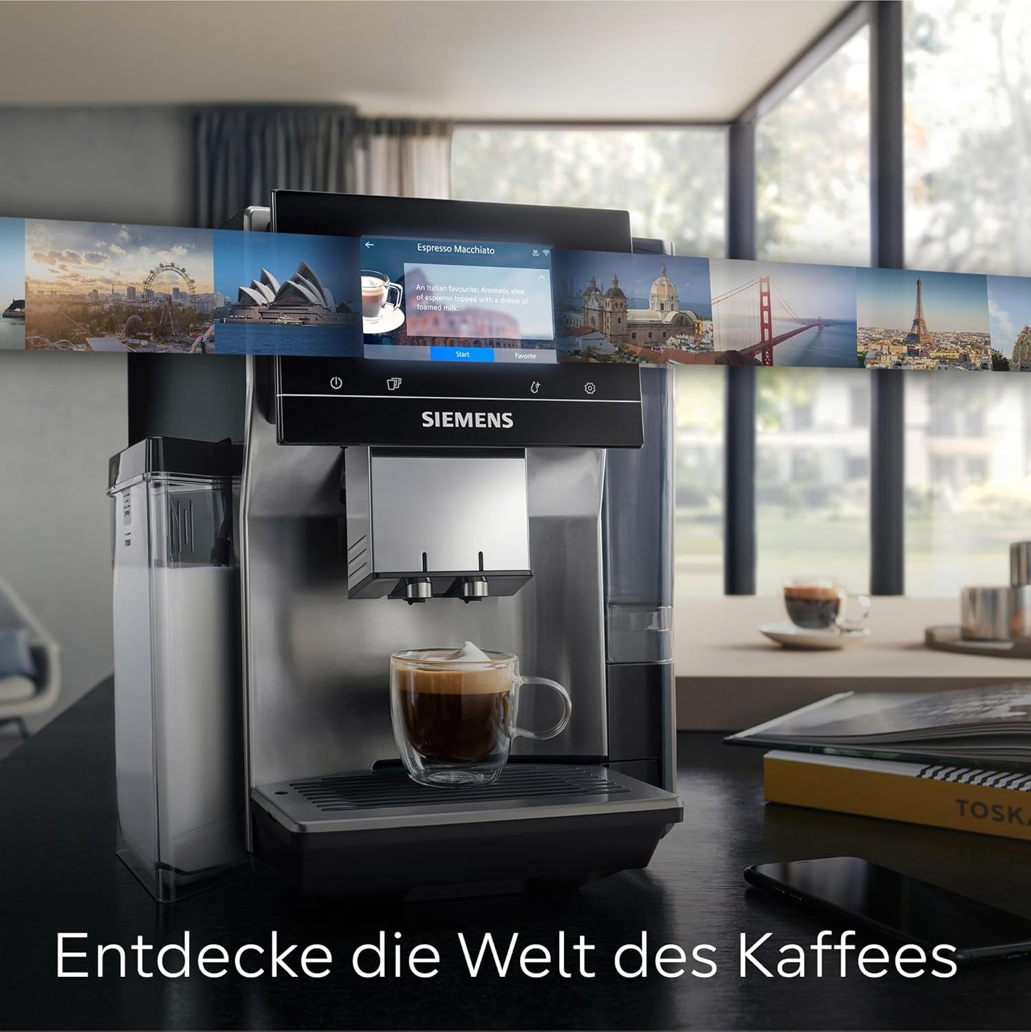 Cafetera espresso totalmente automática Siemens EQ700, pantalla TFT a color grande, 36 bebidas frías y calientes, cerveza fría, función 2 tazas, control por aplicación, sistema de limpieza automático, acero inoxidable negro, TQ717D03