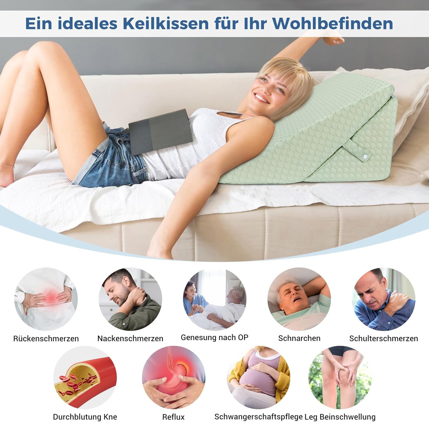 Almohada de cuña ajustable para niños, almohada de lectura de espuma de alta densidad para cama y sofá, almohada ergonómica para cabeza de cuña para apnea de reflujo del sueño, almohada para piernas/almohada de espalda para jugar y leer (verde)