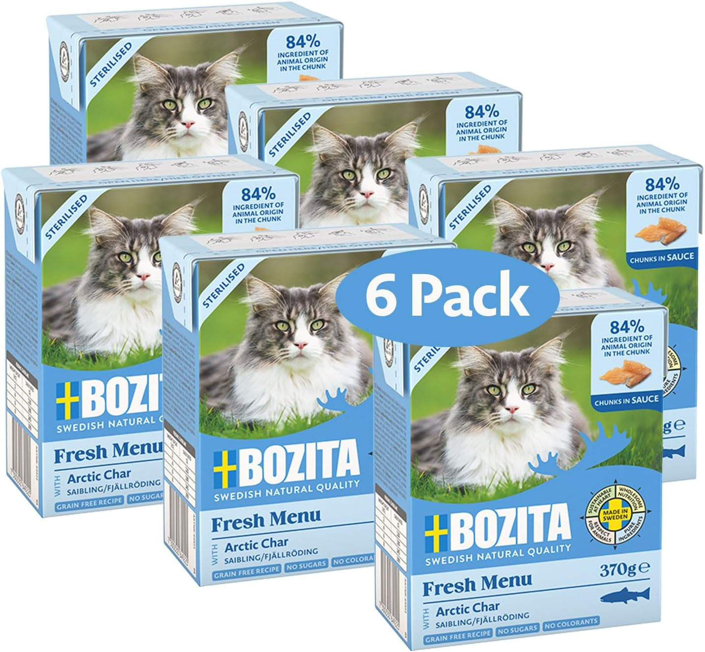 Bozita Tetra Trozos esterilizados en salsa de carbón - 6 x 370 g Comida húmeda para gatos sin cereales y sin azúcar - sin OGM, con 8,5% de proteínas y 4,5% de grasas - alta calidad y muy sabroso