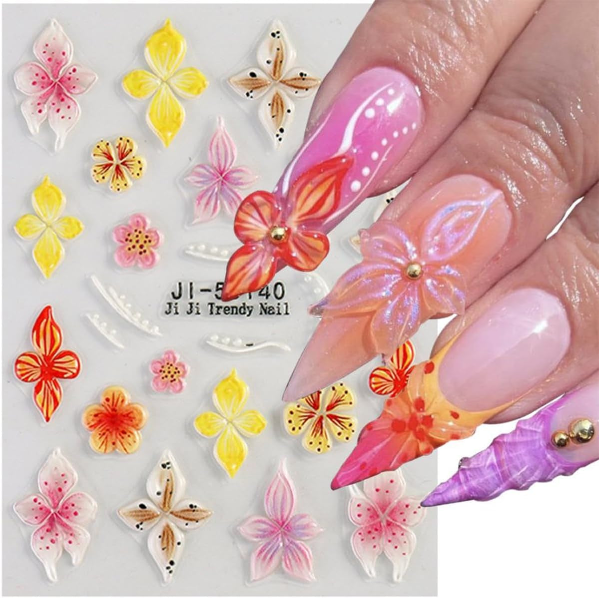 JMEOWIO 3D Nagelsticker Flor Colorida Nail Art Sticker Selbstklebend Nagelaufkleber 5D Stereoskopisch Primavera Verano Floral Dekoration Nageldesign Zubehör 4 Blatt