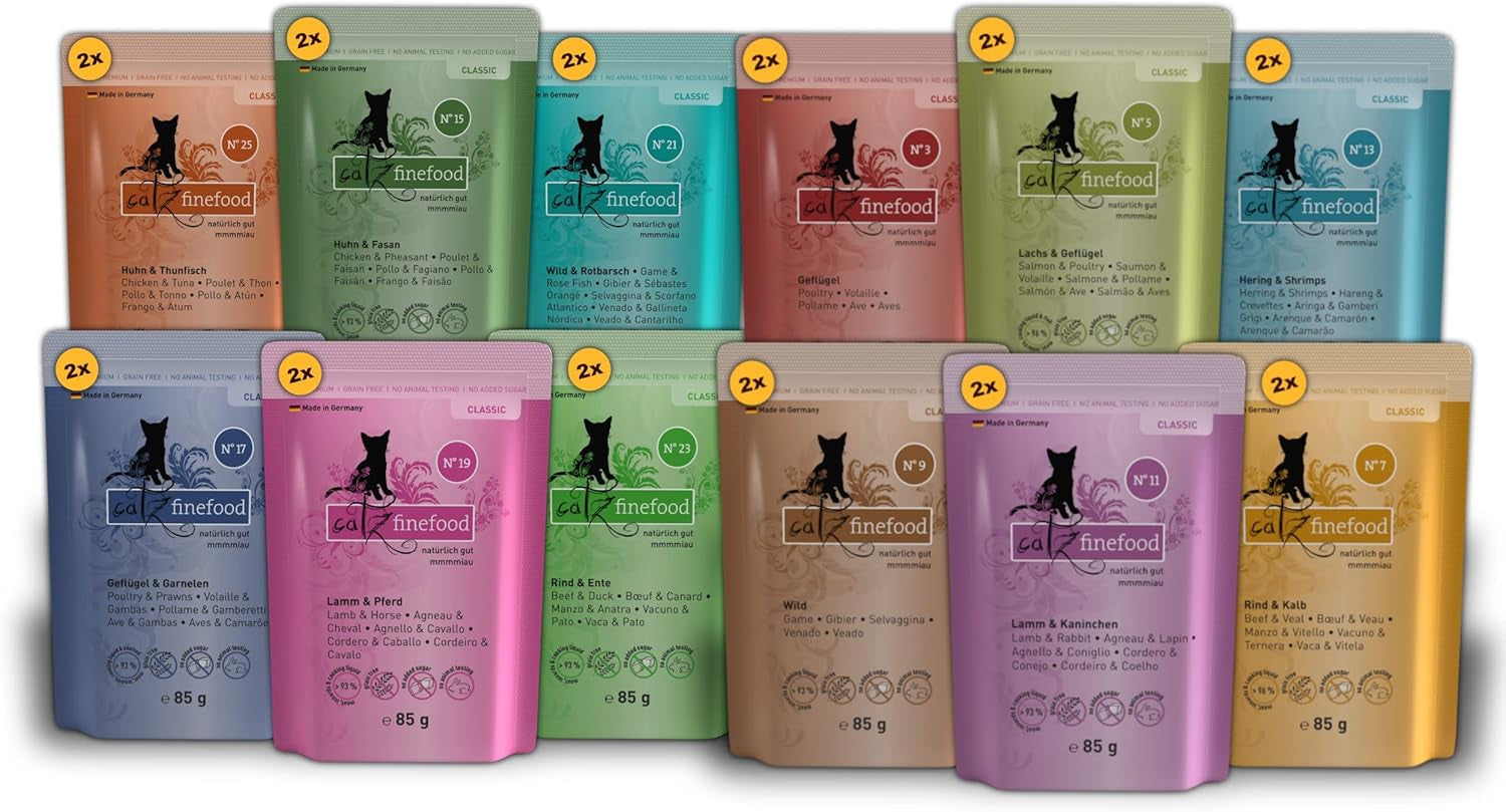 Catz Finefood Classic Collection Mixed Pack Comida Húmeda para Gatos - Comida húmeda gourmet para tu gato, sin cereales y sin azúcar, con alto contenido en carne, 24 sobres x 85g