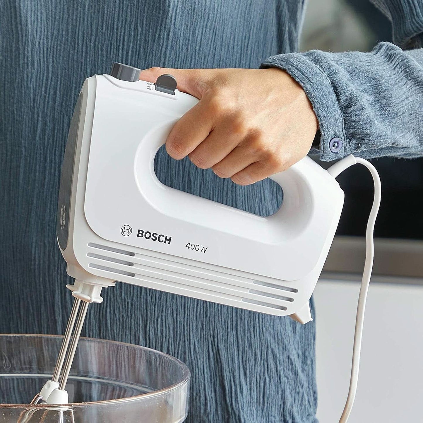 Bosch Hausgeräte Handrührer Clevermixx MFQ24200, 2 Rührbesen, 2 Spülmaschinengeeignet, 4 Stufen, Leicht, Leise, 400 W Weiß/Edelstahl Cocina Naty Shop