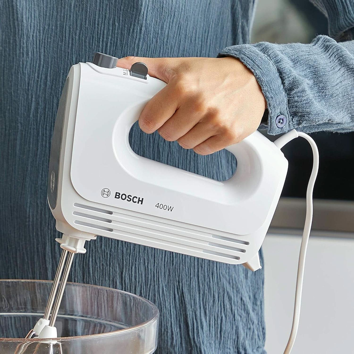 Bosch Hausgeräte Handrührer Clevermixx MFQ24200, 2 Rührbesen, 2 Spülmaschinengeeignet, 4 Stufen, Leicht, Leise, 400 W Weiß/Edelstahl Cocina Naty Shop
