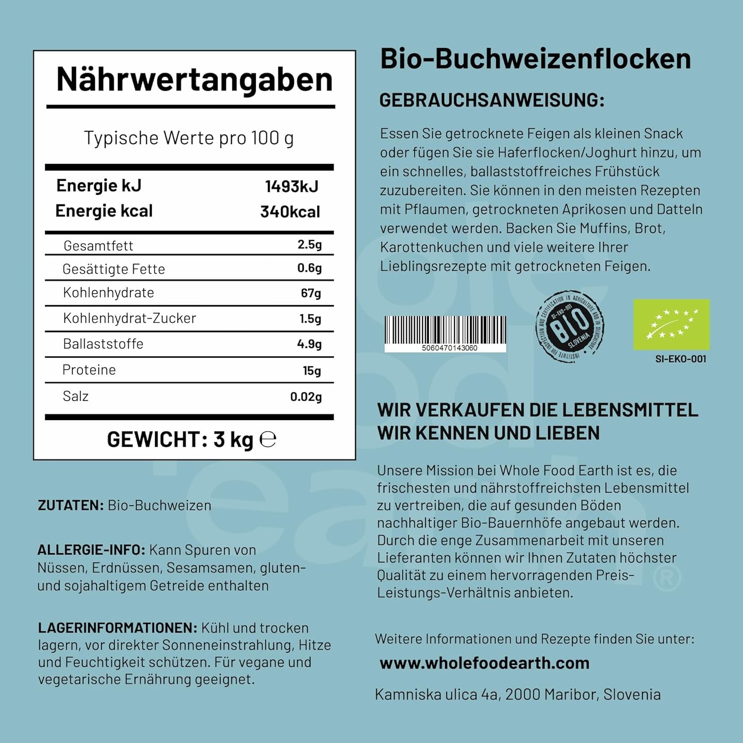 Copos de trigo sarraceno orgánico Wholefood Earth – 3 kg | Crudo | Sin OGM | Vegano | Fuente de fibra | Certificado orgánico
