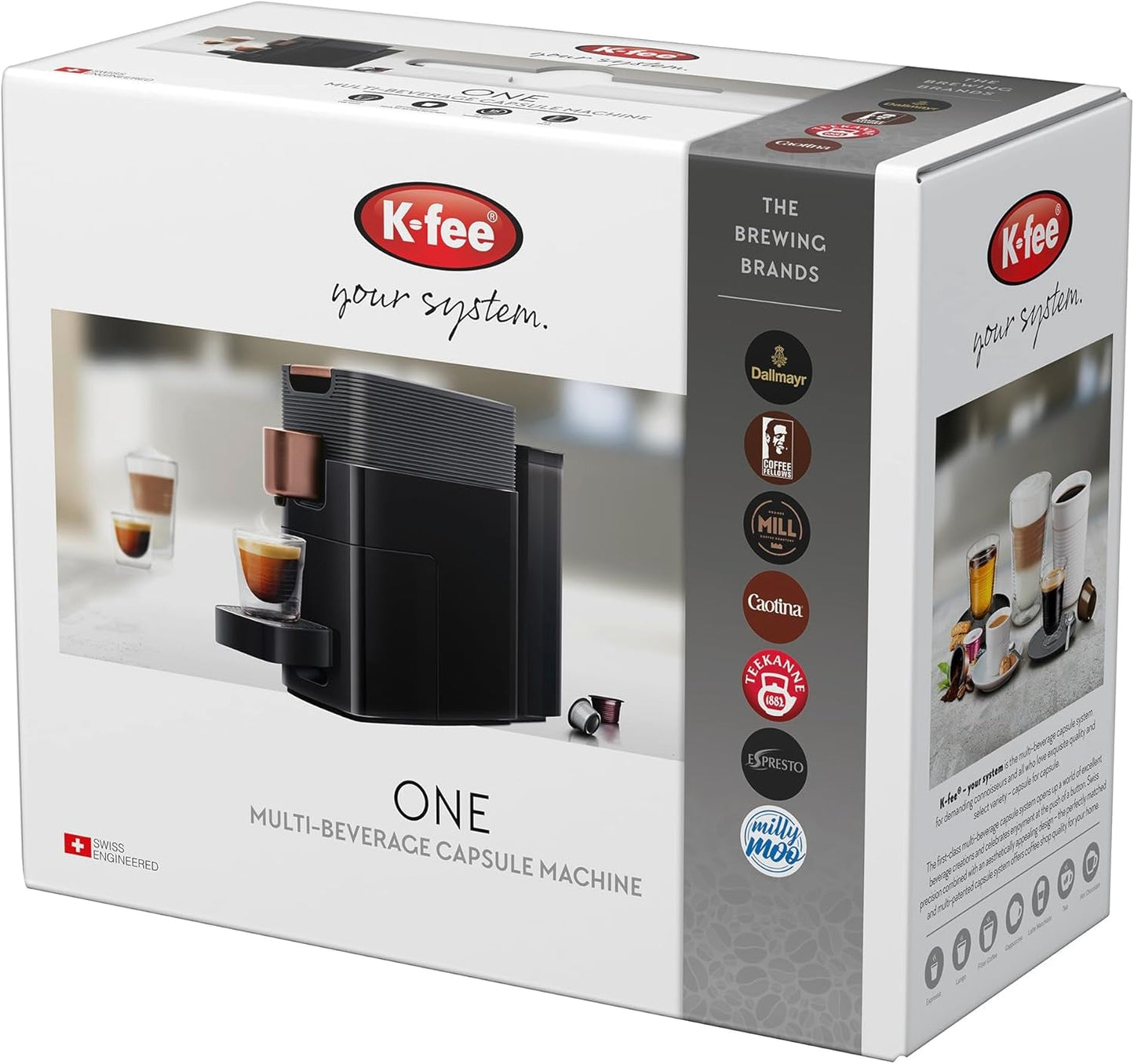 Máquina espresso con cápsulas K-FEE ONE para café, té y cacao | Café expreso compacto | Calentamiento rápido | Depósito de agua de 0,8 litros | 19 barras | Cobre negro | Ganador de la prueba Stiftung Warentest 2023