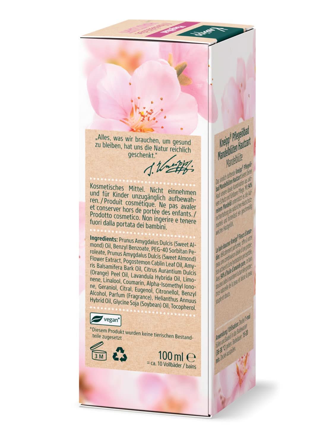 Kneipp, aceite de baño, con 94% de aceite puro de almendras, para pieles secas y sensibles - 100 ml Ducha y baño Naty Shop