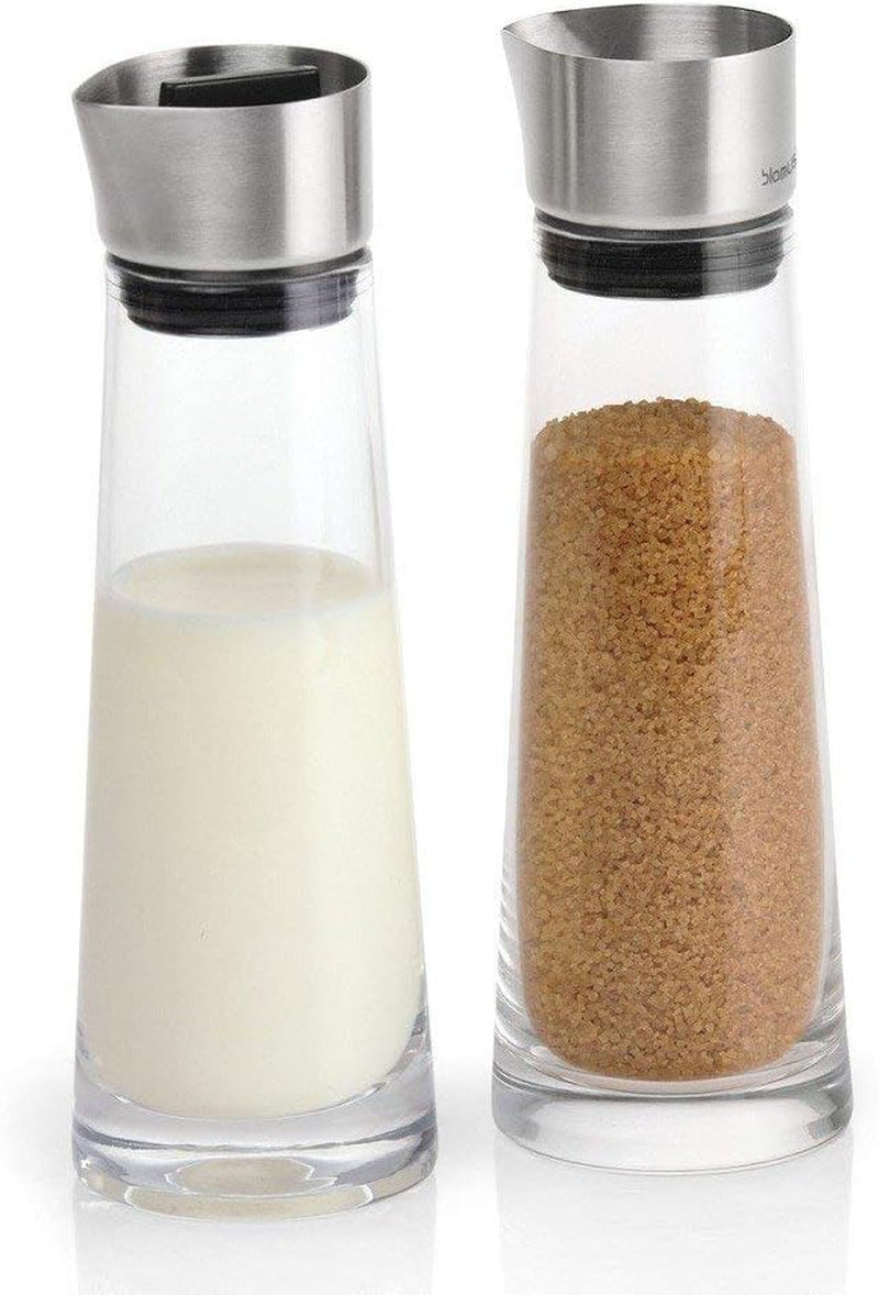 blomus -MACCHIATO- Juego de cristal para azúcar y nata, capacidad 180 ml, tapa de acero inoxidable, para té y café, mano de obra de alta calidad, aspecto exclusivo (Alto/Ancho/Fondo: 17 x 5,4 x 5,4 cm, Transparente, 63510)
