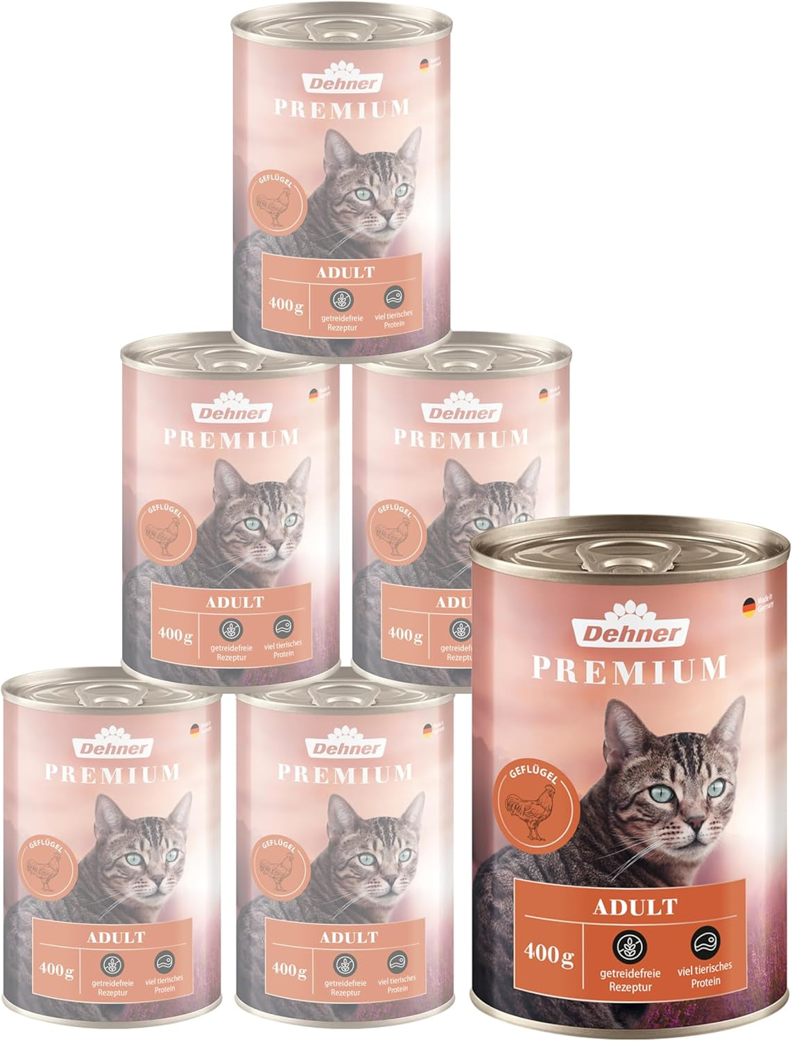 Dehner Premium comida húmeda para gatos, sin cereales, para gatos adultos, aves, 6 latas de 400 g (2,4 kg)