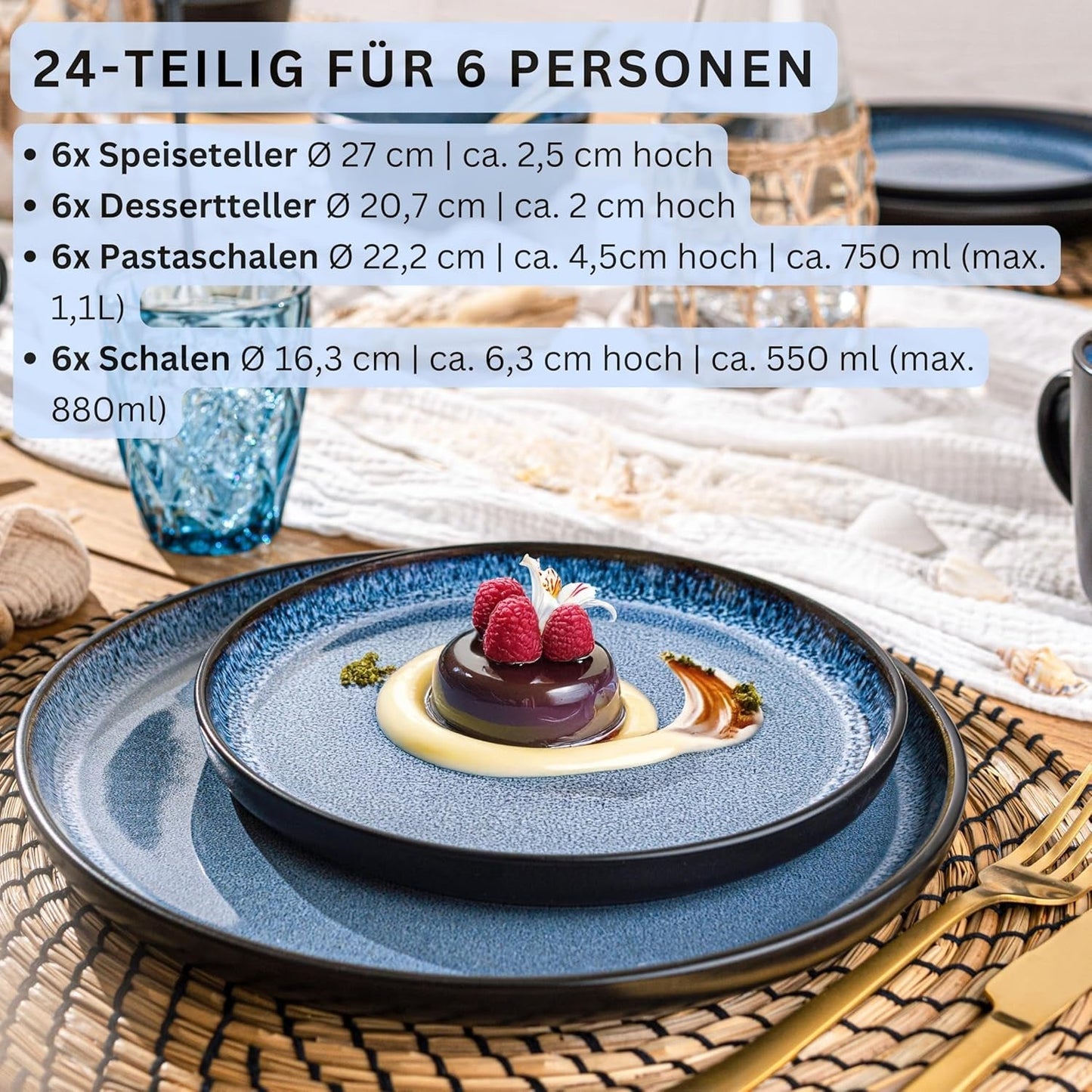 SÄNGER Aruba | Juego de vajilla de gres para 6 personas, 6 platos llanos, 6 platos de desayuno, 6 platos llanos, 6 cuencos para pasta, azul con borde negro | LA COLECCIÓN DE VALOR